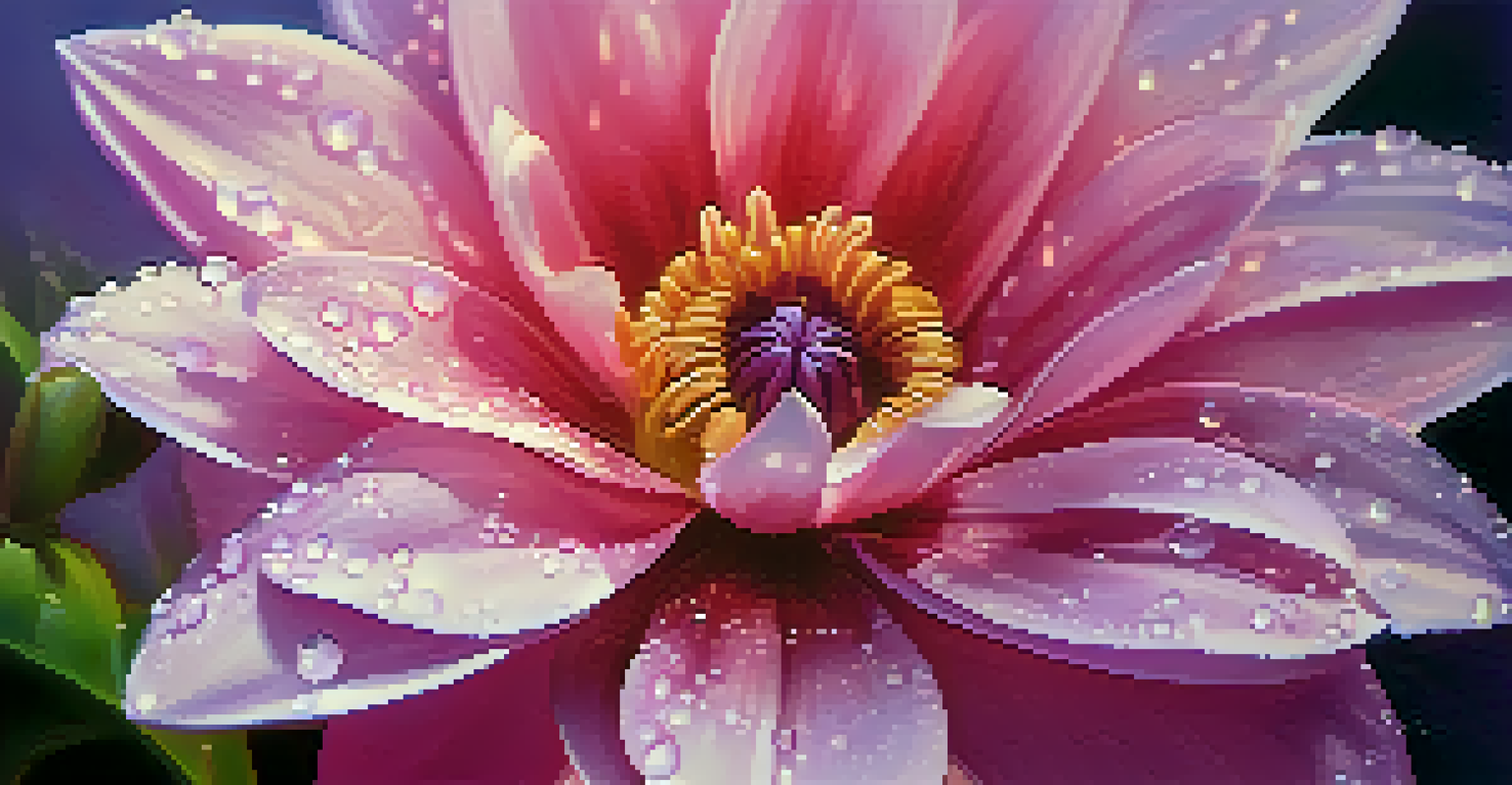 Close-up of a blooming flower with dewdrops, representing growth and healing.
