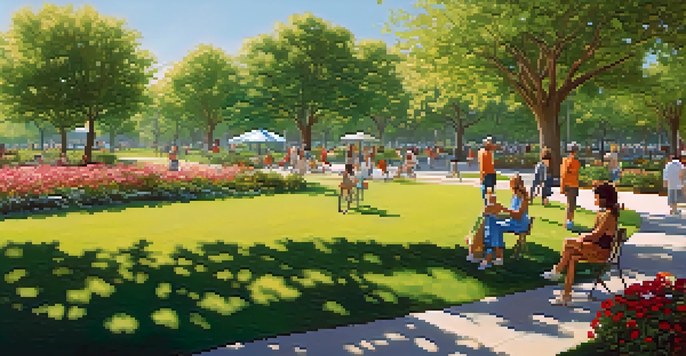 A diverse group of people enjoying a sunny day in a lush urban park with greenery and flowers.