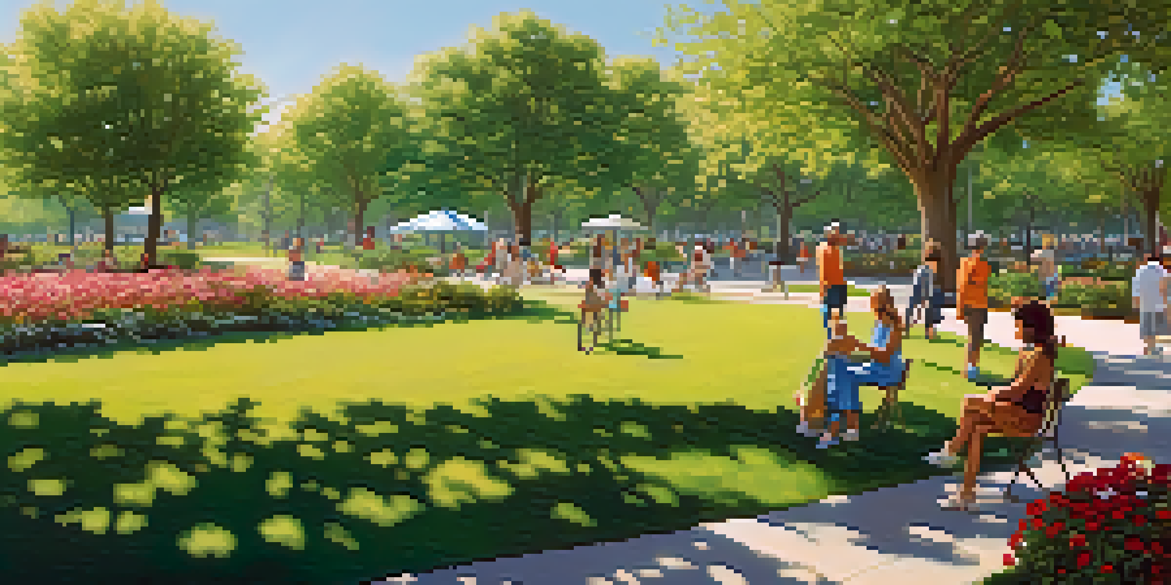 A diverse group of people enjoying a sunny day in a lush urban park with greenery and flowers.