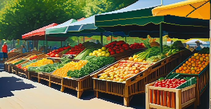 A bustling farmer's market filled with colorful fruits and vegetables under sunlight.