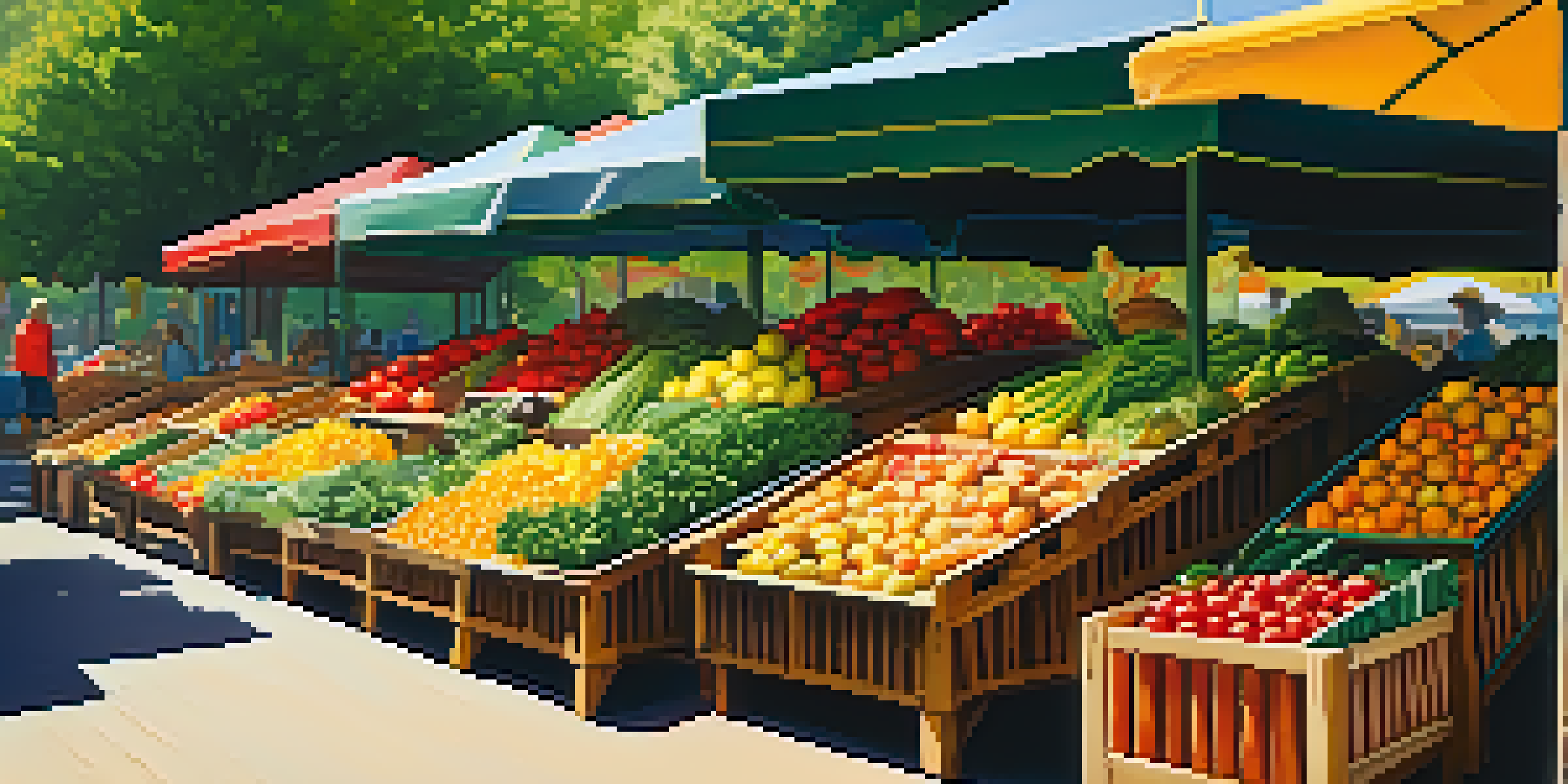 A bustling farmer's market filled with colorful fruits and vegetables under sunlight.