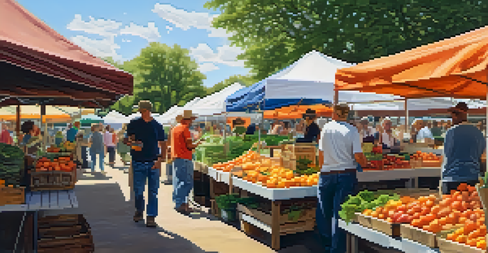 A lively farmers' market filled with colorful seasonal fruits and vegetables, with people interacting around wooden tables.