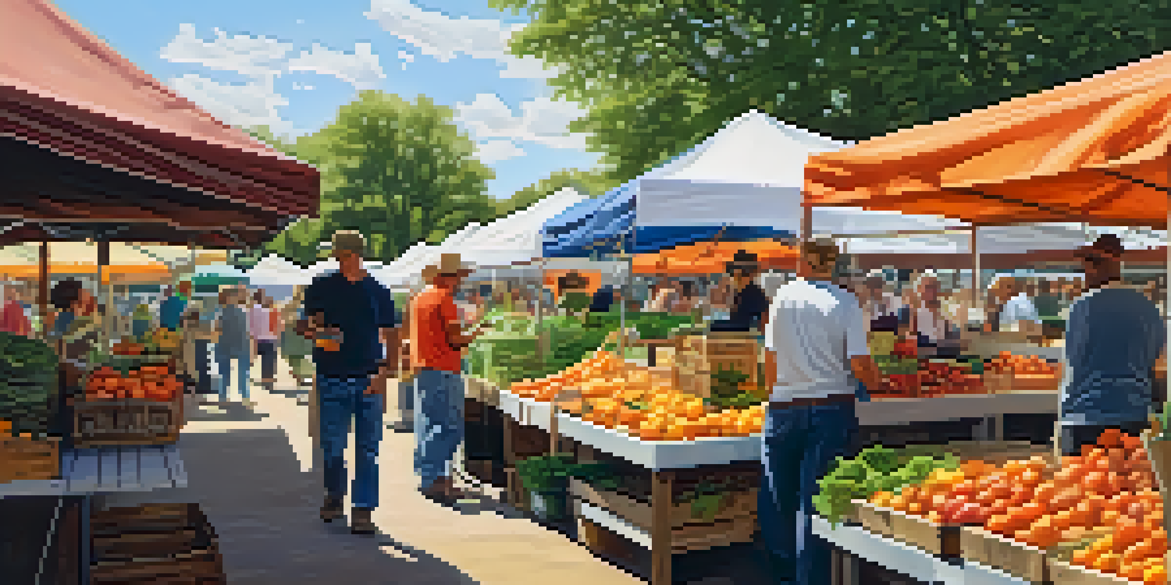 A lively farmers' market filled with colorful seasonal fruits and vegetables, with people interacting around wooden tables.