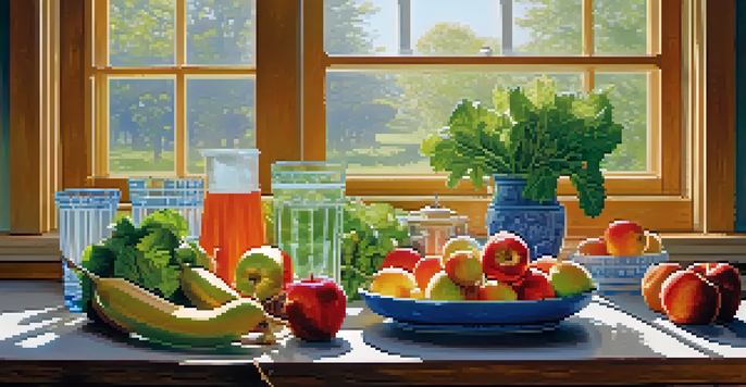 A bright kitchen table filled with fresh fruits and vegetables, illuminated by morning sunlight.