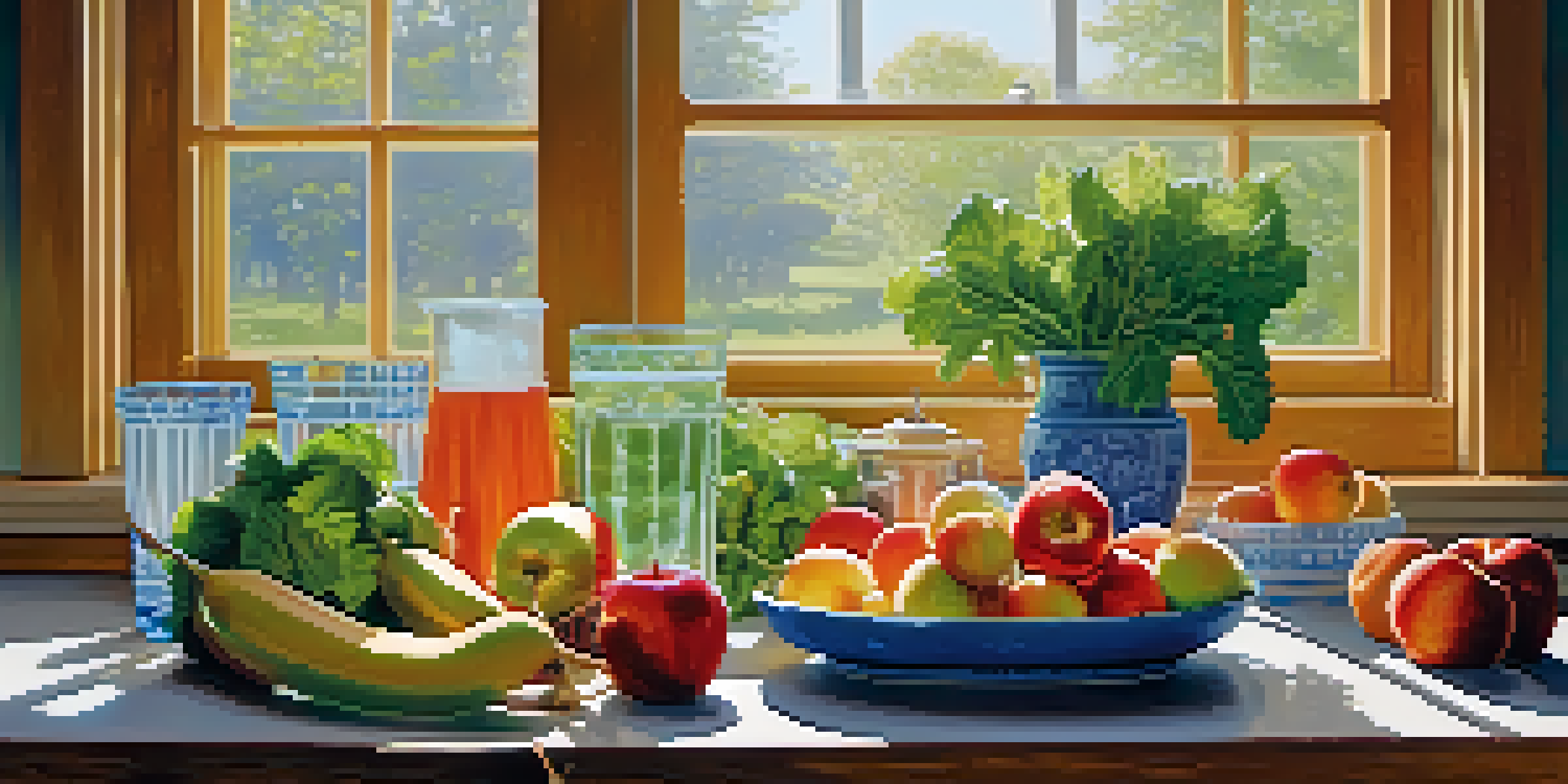 A bright kitchen table filled with fresh fruits and vegetables, illuminated by morning sunlight.