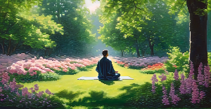 A person meditating in a beautiful park filled with flowers and trees, with sunlight filtering through the leaves.