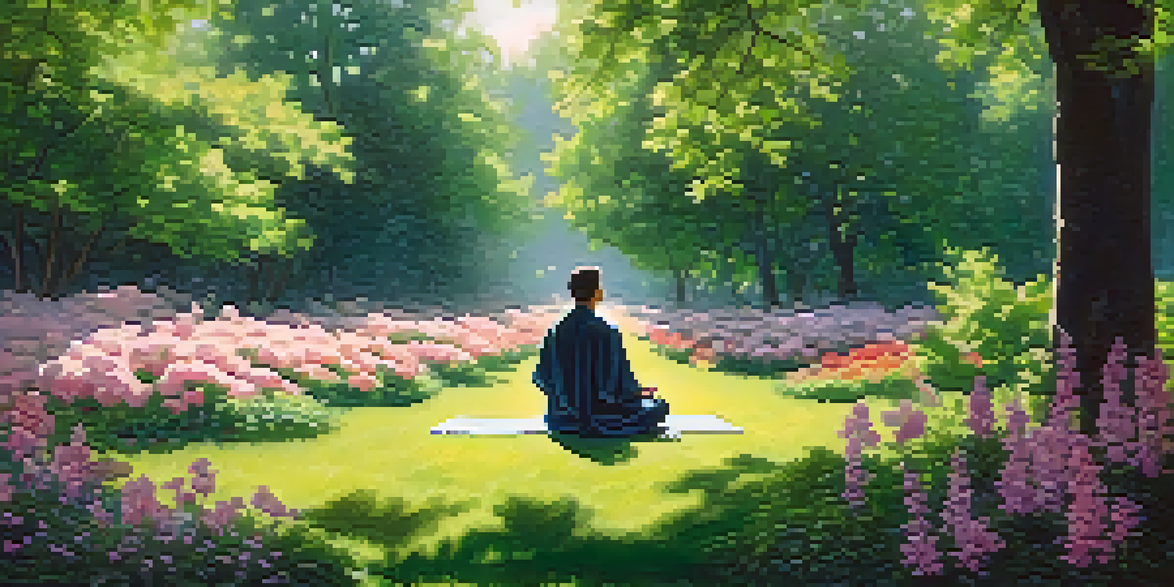 A person meditating in a beautiful park filled with flowers and trees, with sunlight filtering through the leaves.