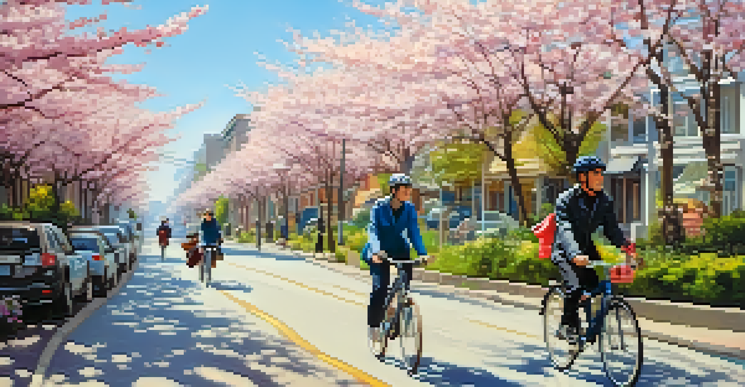 A couple cycling happily through a city street adorned with cherry blossom trees, colorful buildings, and a clear blue sky.