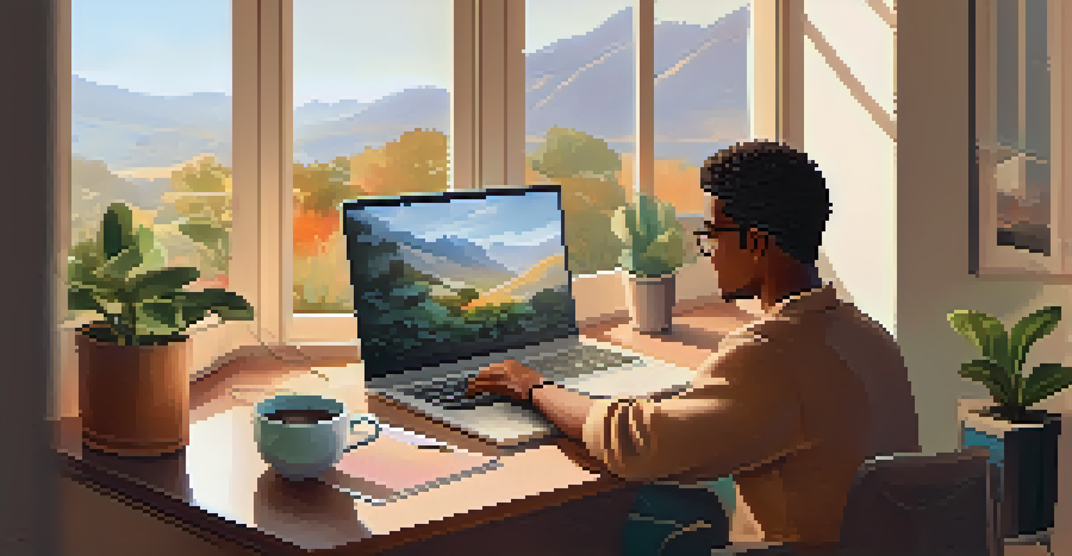 A remote worker engaged in a video call at a cozy home office, with natural light and a cup of coffee on the desk.