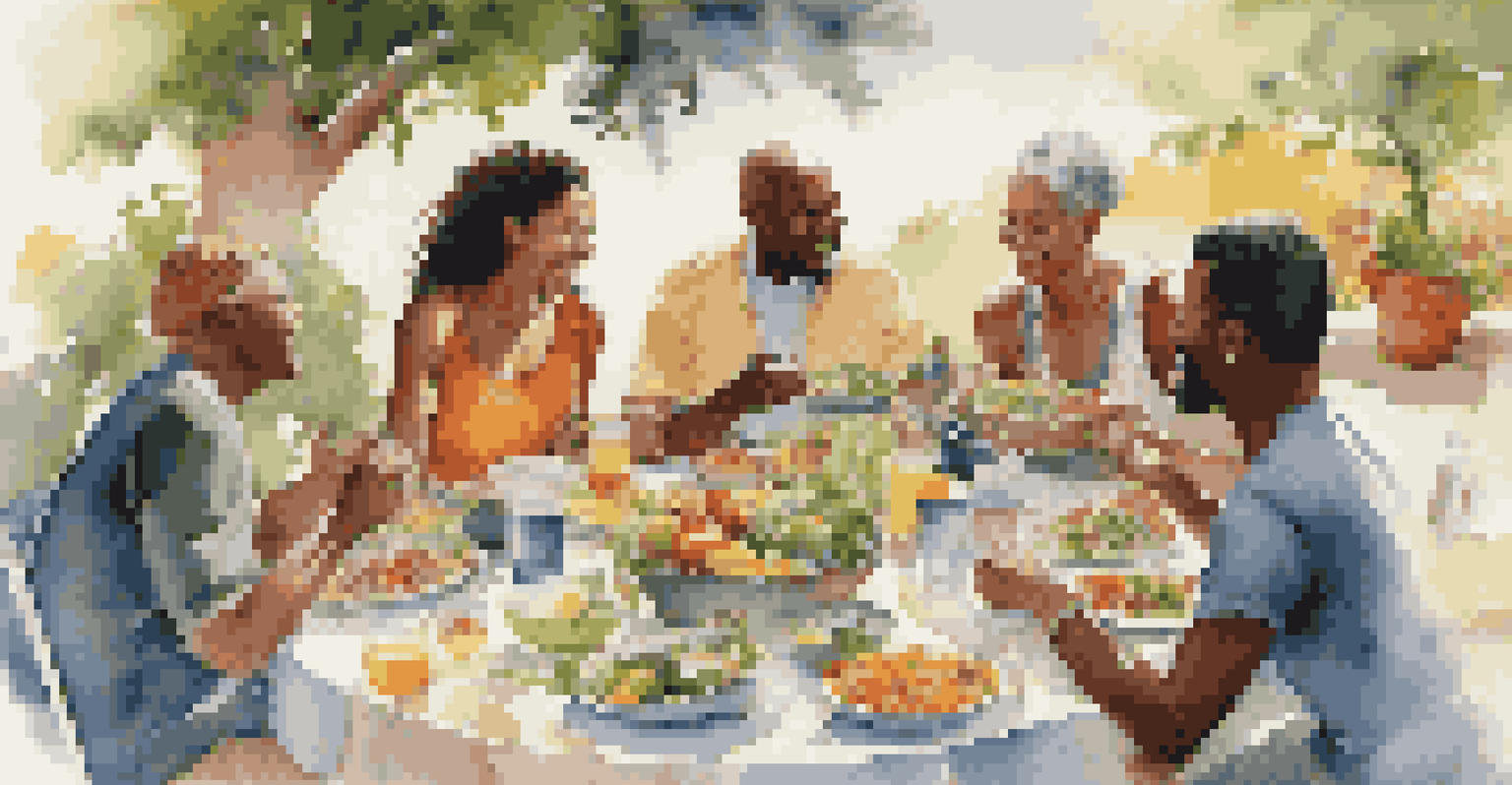 A diverse group of people sharing a healthy meal outdoors in a sunny setting.