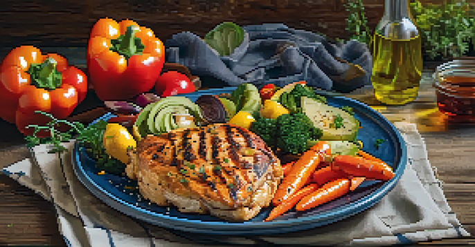 A colorful plate with grilled chicken, quinoa, roasted vegetables, and fresh fruit on a wooden table.