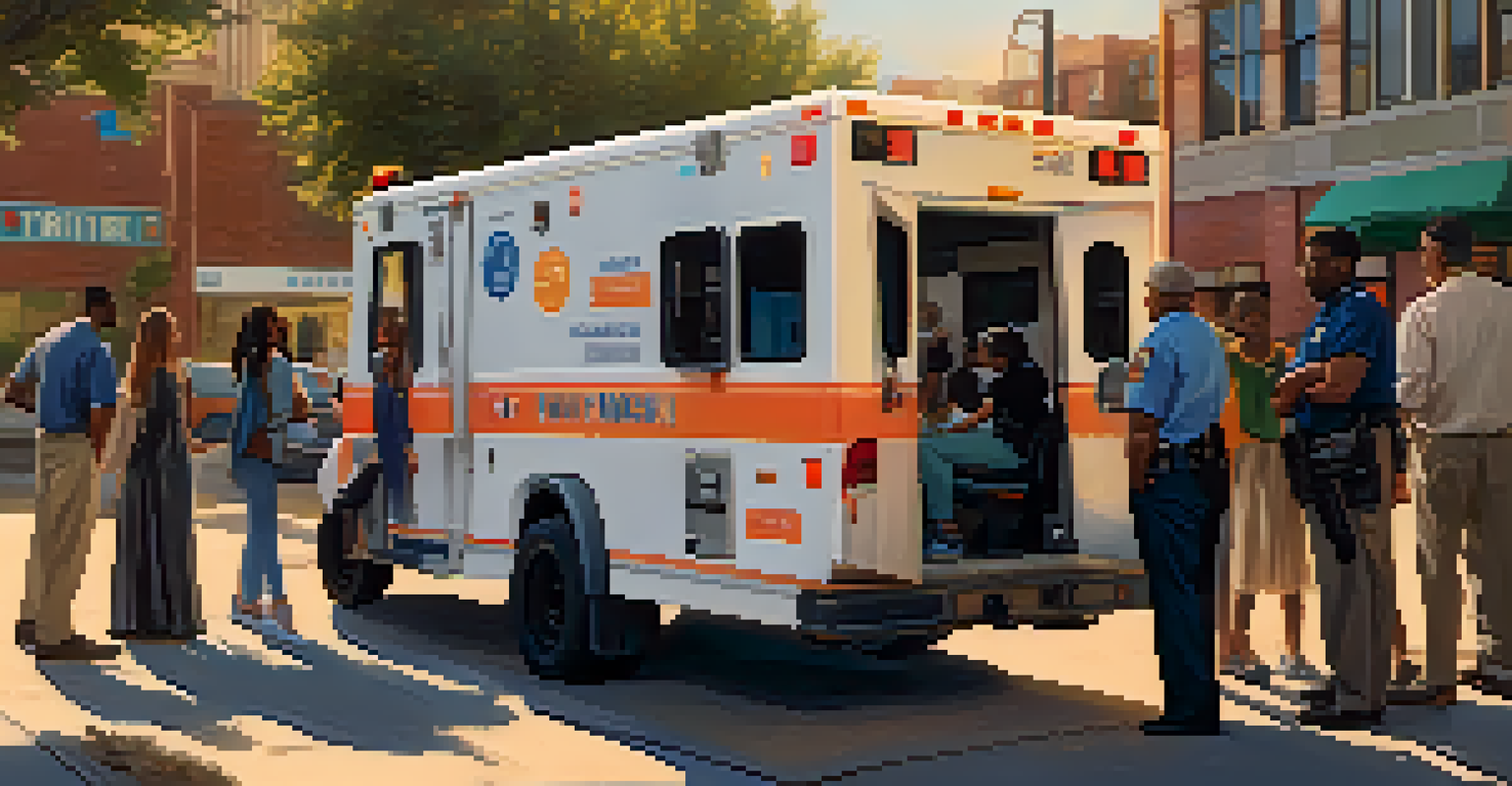 A mobile crisis unit providing support to a young adult in an urban setting during the golden hour.