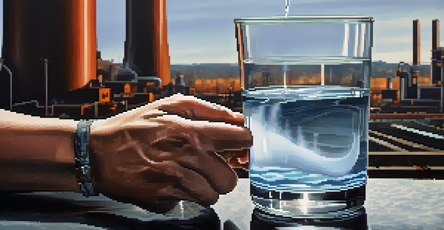 A person holding a glass of clear water in front of an industrial area with smokestacks in the background.