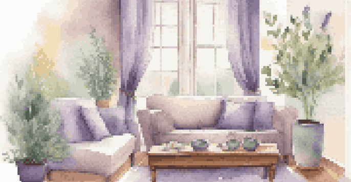 A cozy living space with a diffuser on a wooden table, filling the room with lavender scent, surrounded by soft light and comfortable seating.