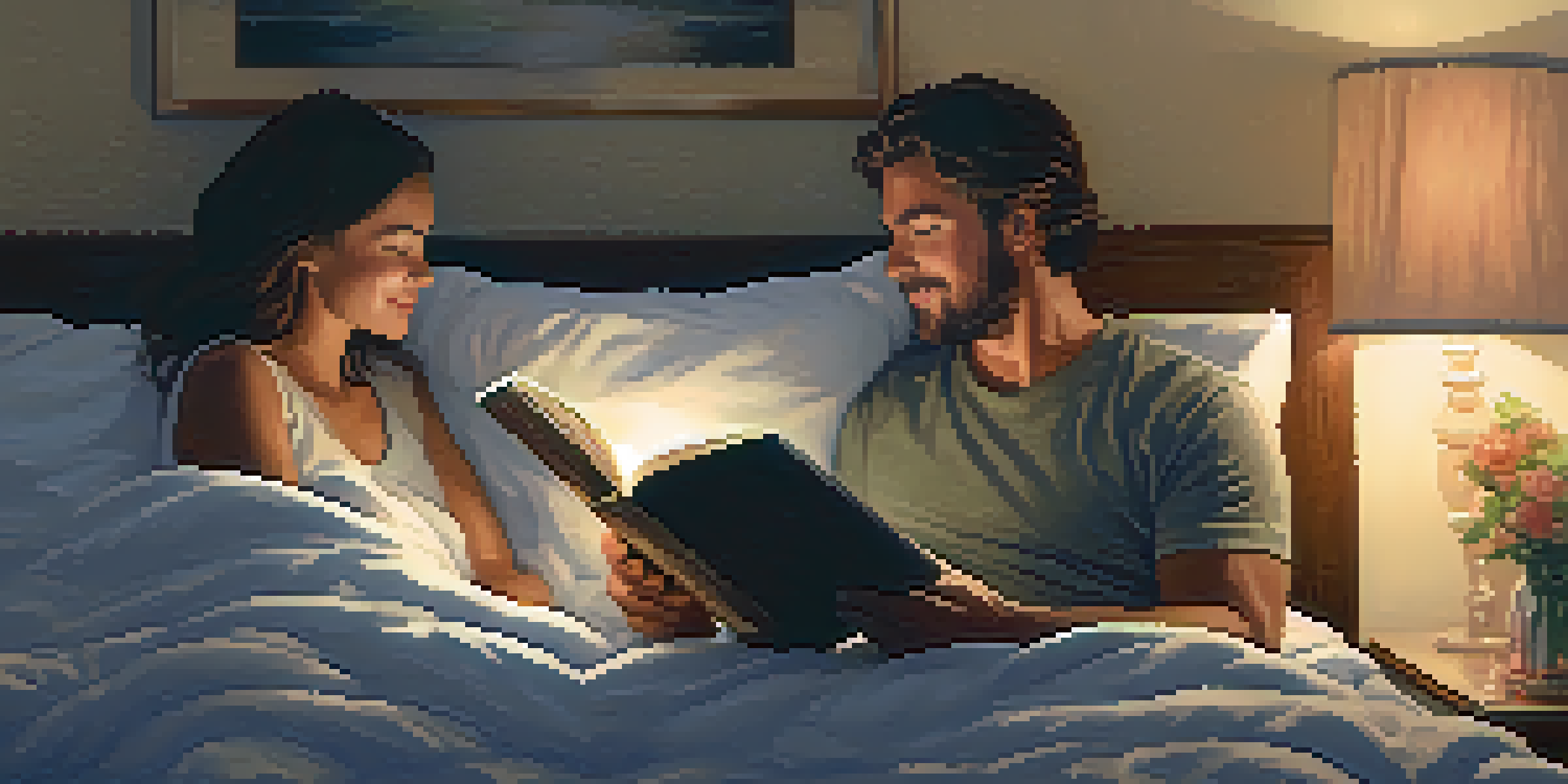 A couple reading together in a cozy bed, surrounded by pillows and soft lighting.