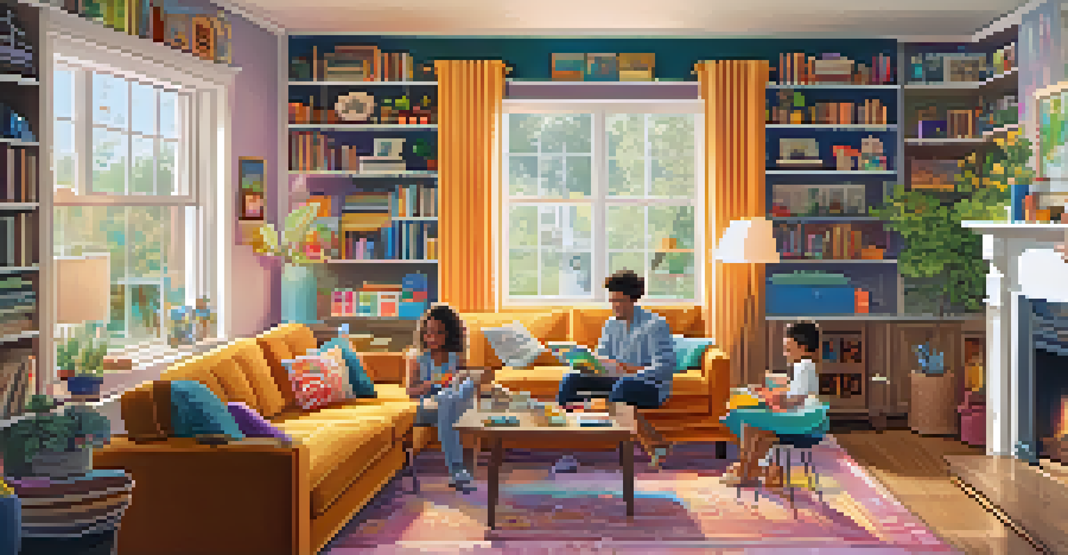 A family engaging in arts and crafts in a bright living room, with various games and books around, showcasing a tech-free environment.