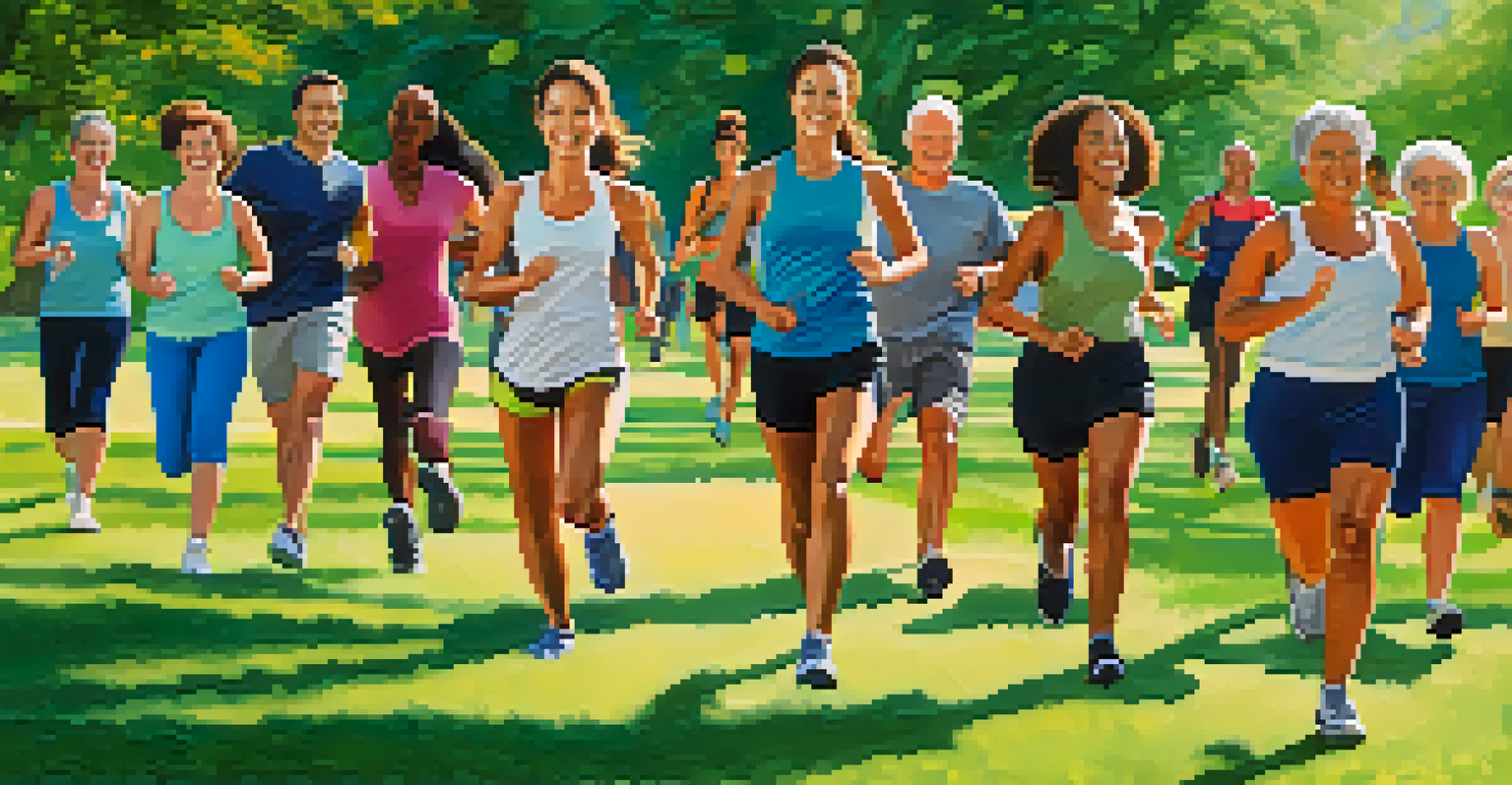 A diverse group of people exercising outdoors in a sunny park, promoting physical activity for cognitive health.