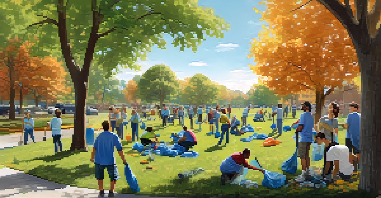 A panoramic view of a diverse group of volunteers participating in a community cleanup at a park, demonstrating unity and purpose under a clear blue sky.