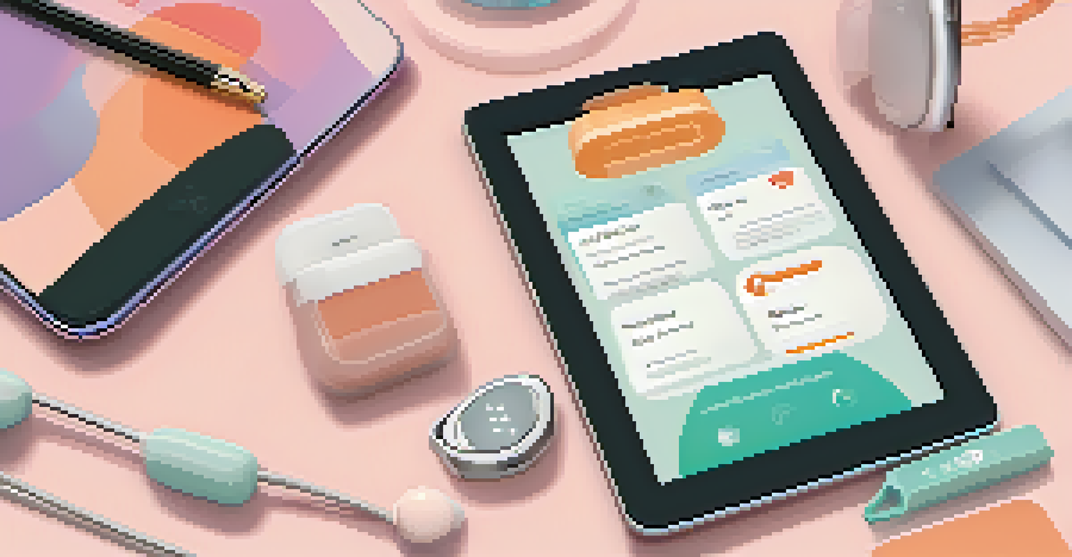 Digital tools for chronic pain management including a smartphone app, smartwatch, and tablet in a soothing pastel background.
