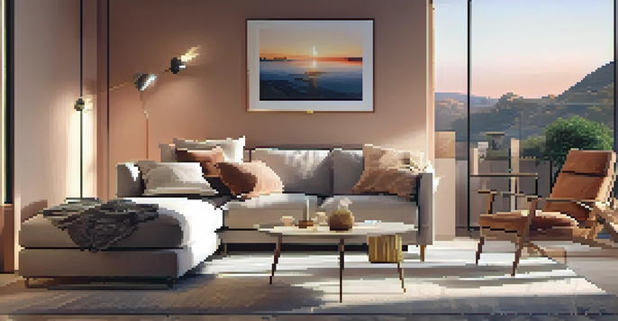 A modern living room with warm-toned LED lights creating a calming atmosphere, featuring a sofa with cushions and softly lit decorative items.