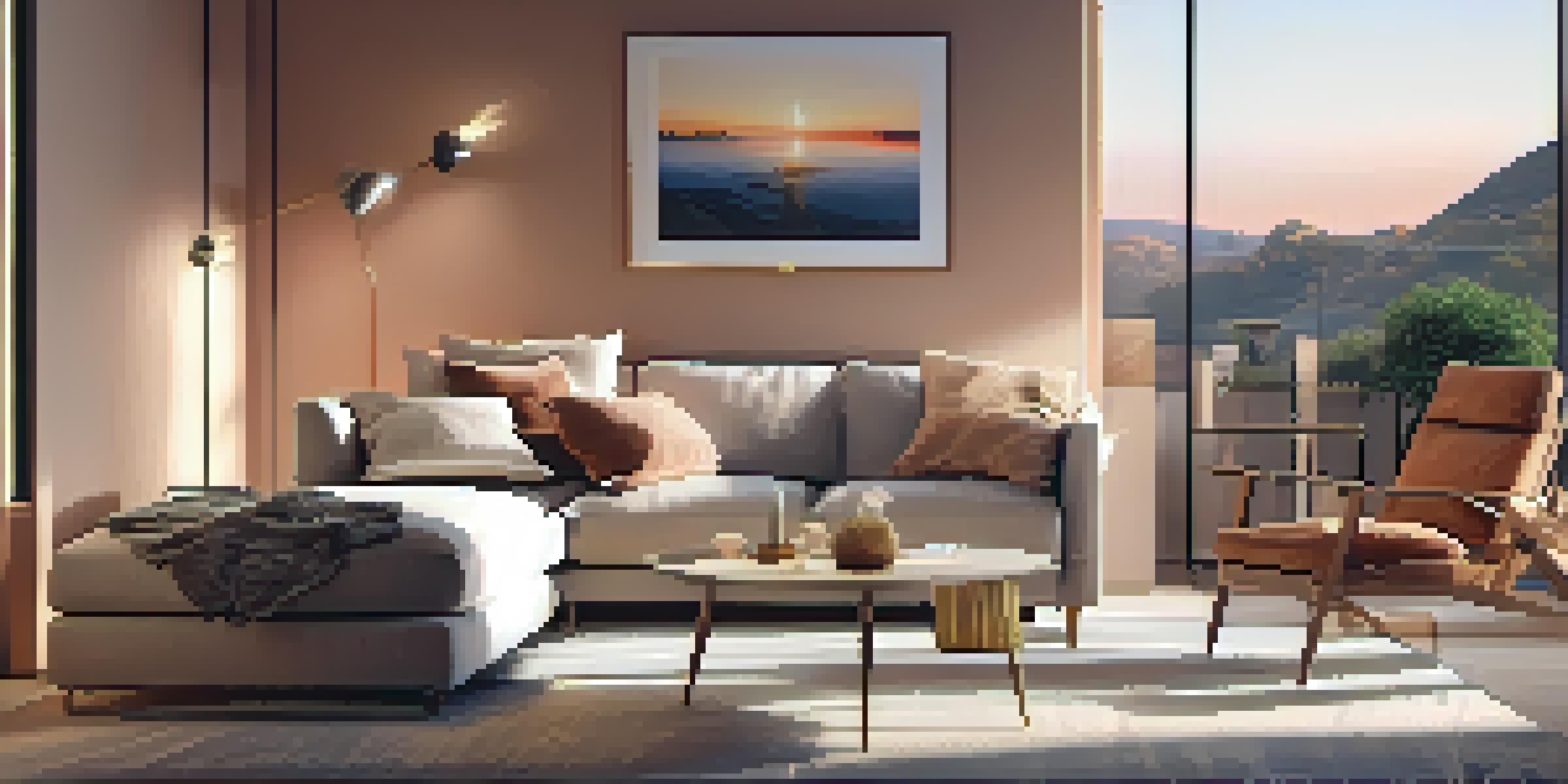 A modern living room with warm-toned LED lights creating a calming atmosphere, featuring a sofa with cushions and softly lit decorative items.