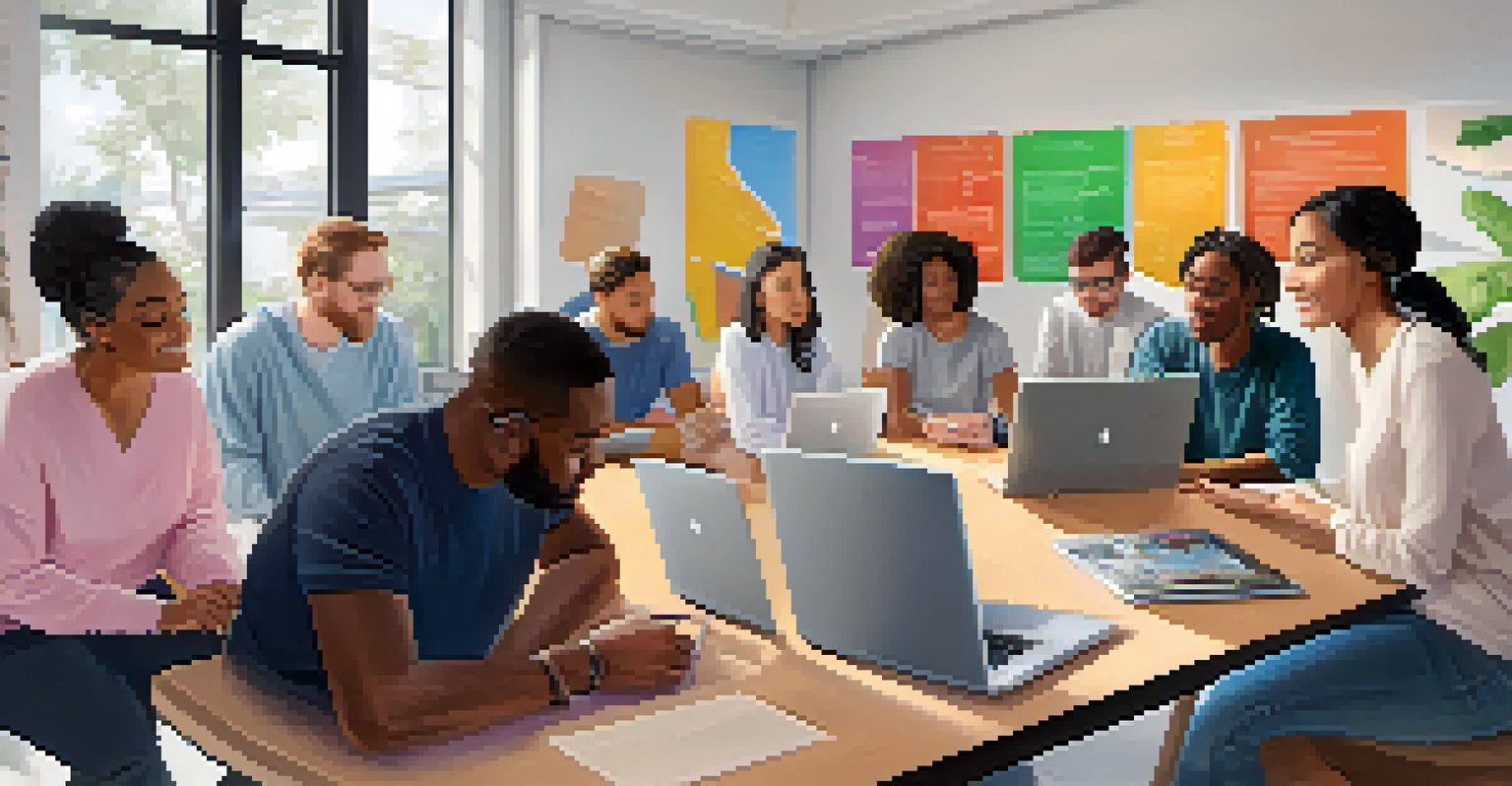 A group of individuals discussing health topics around a laptop in a bright, modern setting.