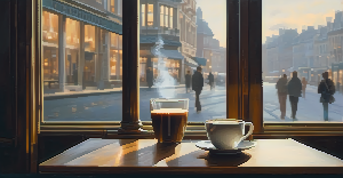 A person sitting in a busy café, enjoying a cup of coffee while focusing on its aroma, with soft morning light illuminating the scene.