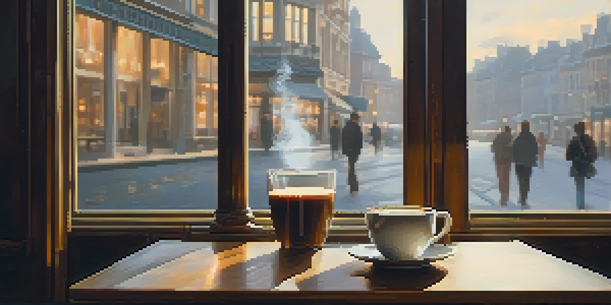 A person sitting in a busy café, enjoying a cup of coffee while focusing on its aroma, with soft morning light illuminating the scene.