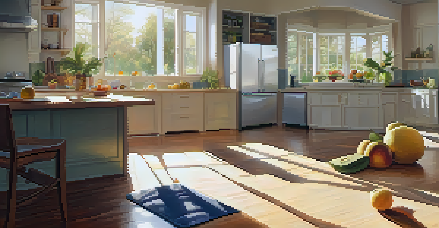 A kitchen with fresh fruits, water, and yoga mat, bathed in sunlight.