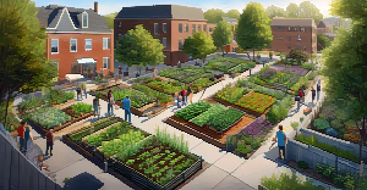 Aerial view of a community garden with organized plots, accessible pathways, and neighbors enjoying a potluck picnic.