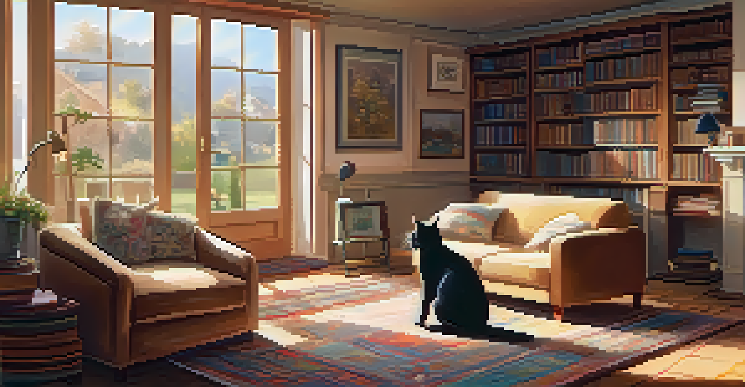 An elderly man playing fetch with a therapy cat in a cozy living room filled with sunlight.