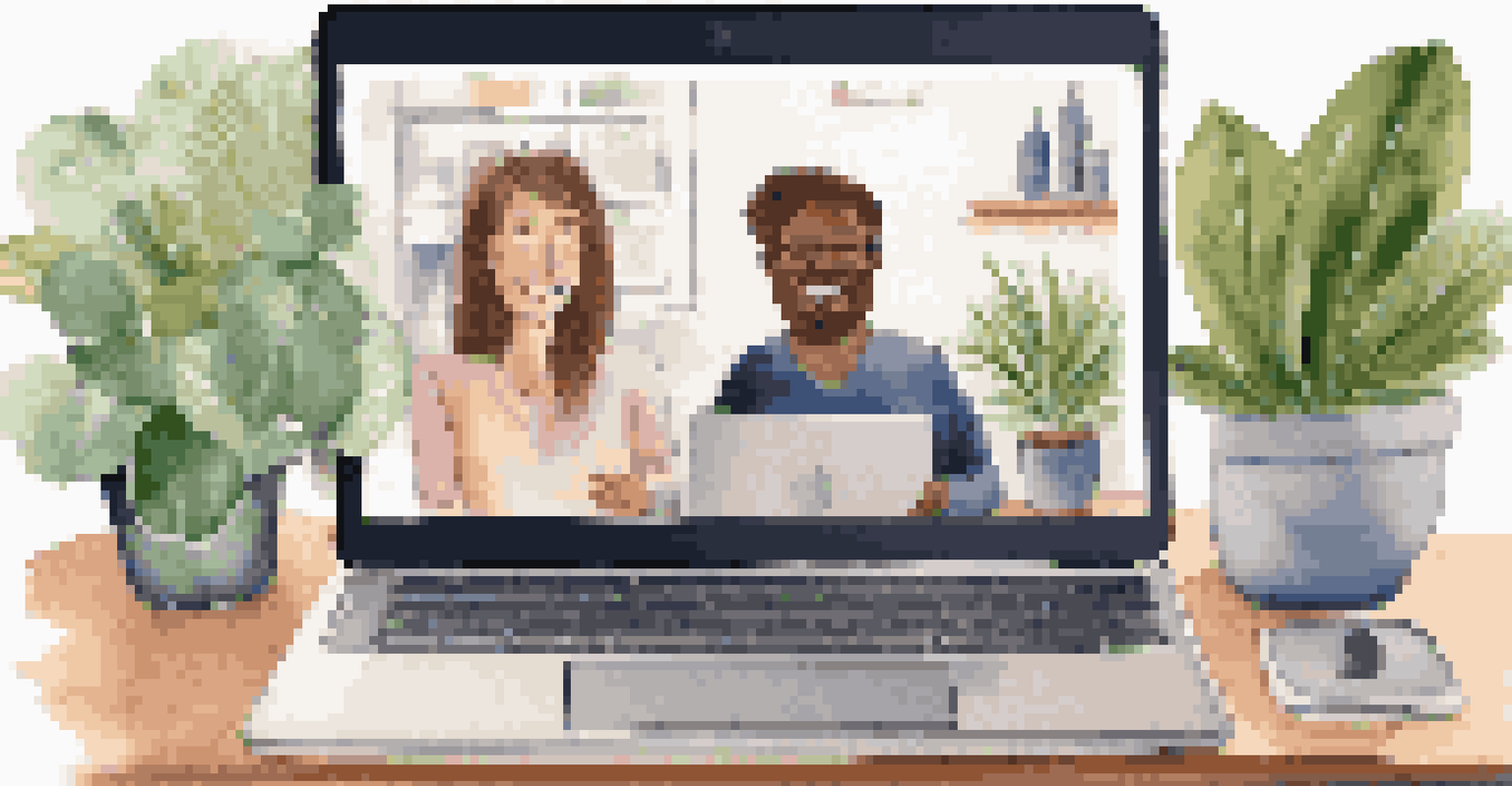A laptop screen showing a wellness coach interacting with clients via video call, in a cozy home office.