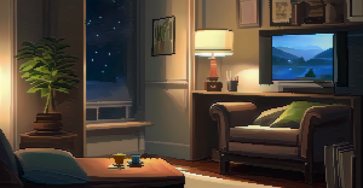 An adult reading a book in a softly lit living room, with a cup of tea and a gaming console on a shelf in the background.