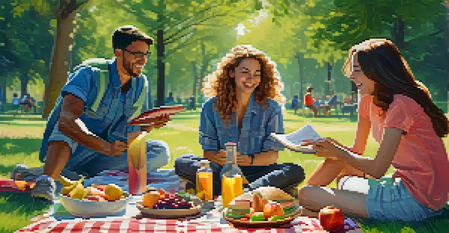 A group of friends having a picnic in a sunny park, showcasing joy and connection without digital distractions.
