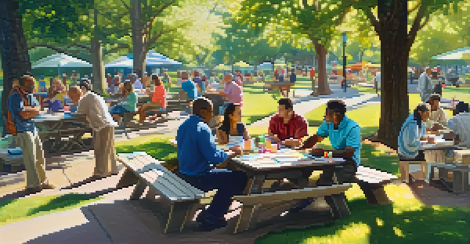 A diverse group of adults participating in a financial literacy workshop in a park, with charts and materials on a picnic table.