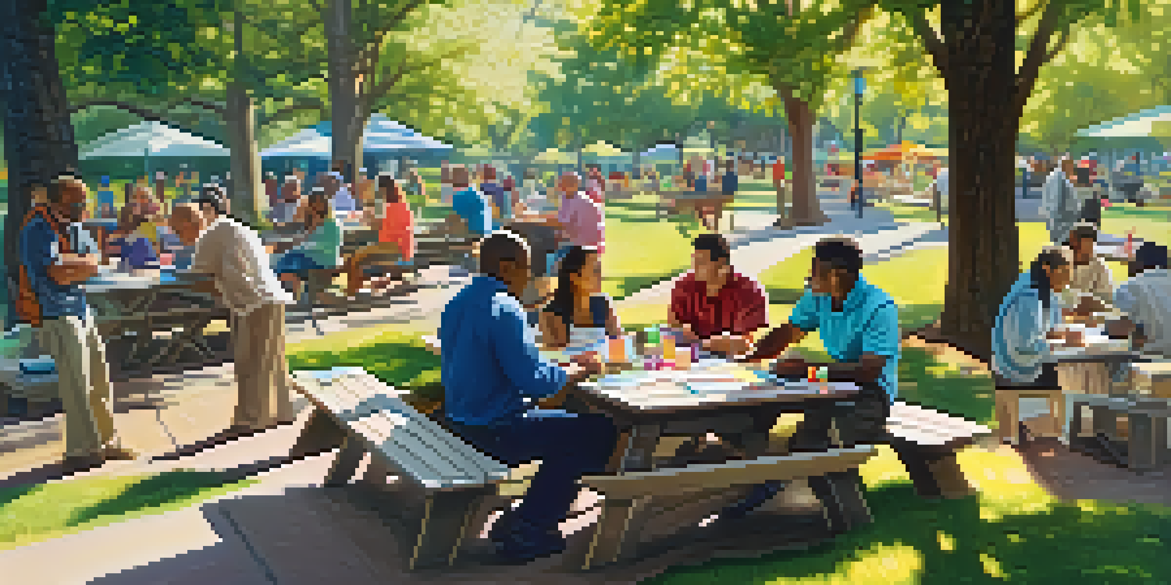 A diverse group of adults participating in a financial literacy workshop in a park, with charts and materials on a picnic table.