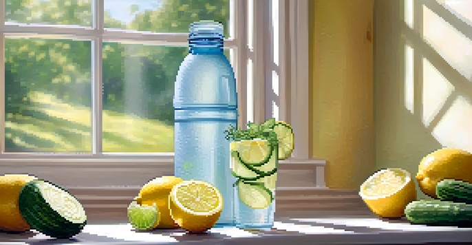 A woman with a water bottle and slices of cucumber and lemon on a kitchen counter, with sunlight illuminating the scene.