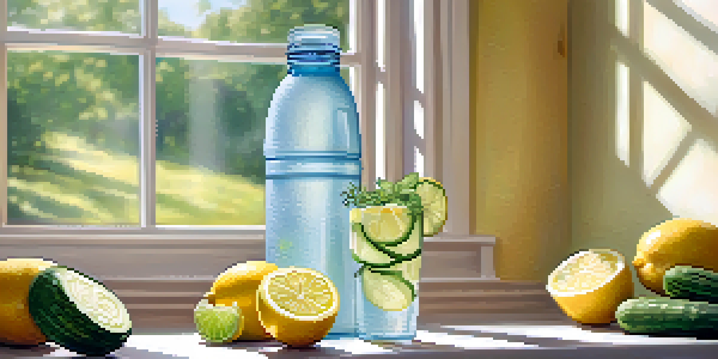 A woman with a water bottle and slices of cucumber and lemon on a kitchen counter, with sunlight illuminating the scene.