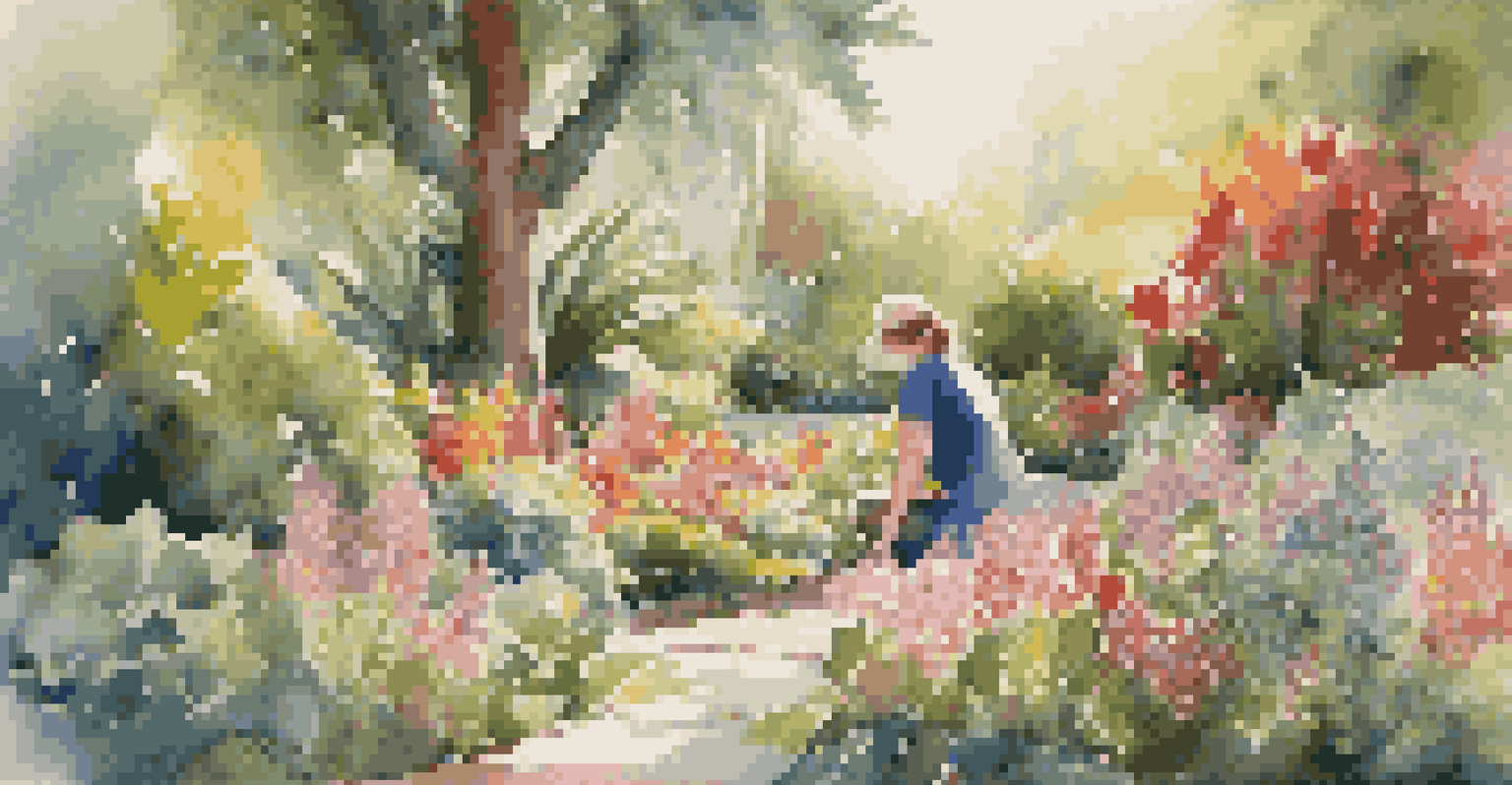 A person gardening among colorful flowers and green plants under bright sunlight.