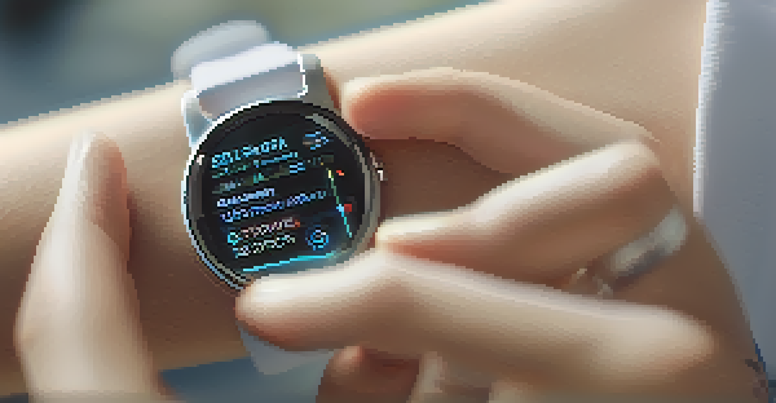 A close-up of a smartwatch displaying health metrics worn by a person, with a softly blurred background.
