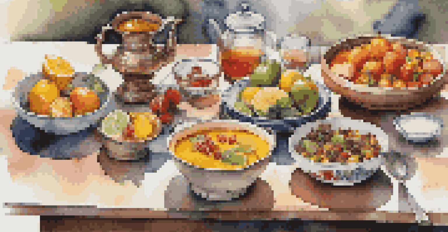 A table setting with dishes infused with whole spices, including curry, spiced tea, and fruit salad, all beautifully arranged.