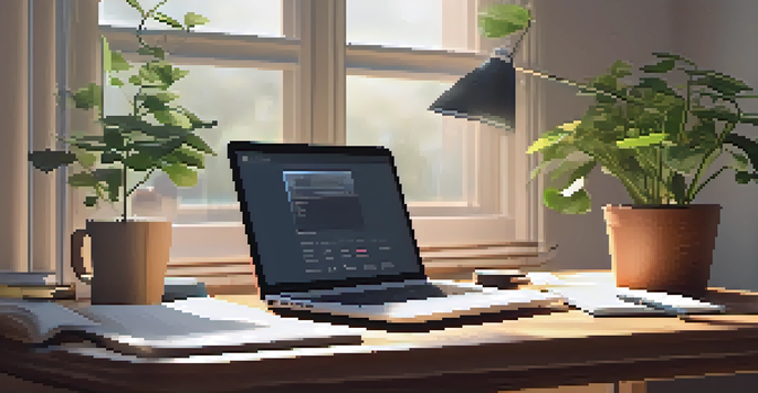 A peaceful office with a wooden desk, open laptop, notepad with goals, and a potted plant, illuminated by soft morning light.