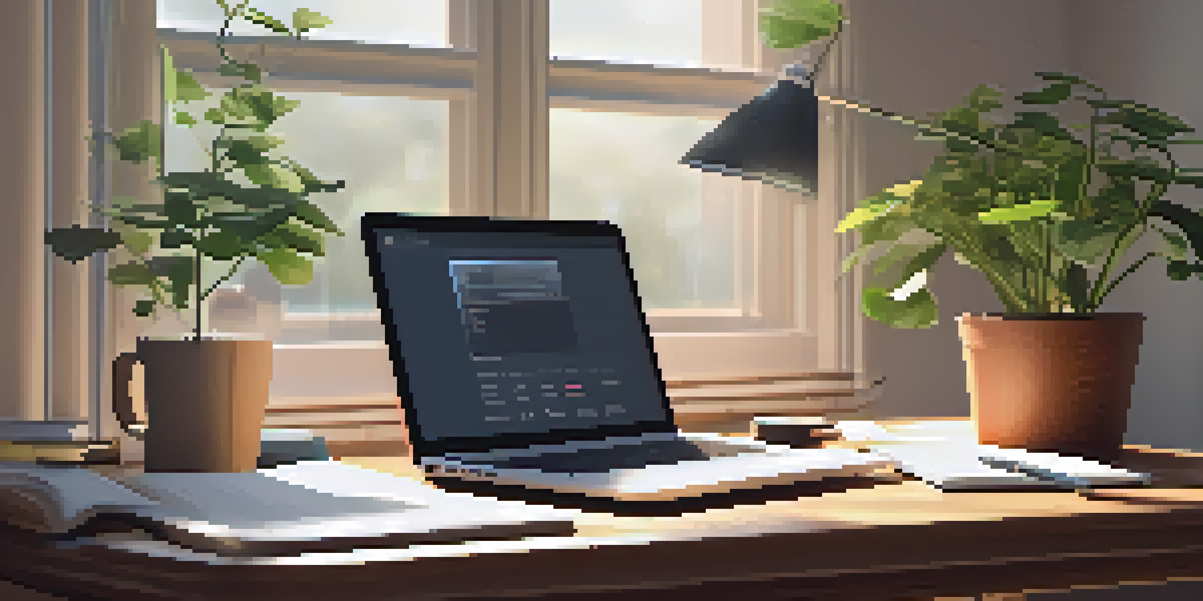 A peaceful office with a wooden desk, open laptop, notepad with goals, and a potted plant, illuminated by soft morning light.
