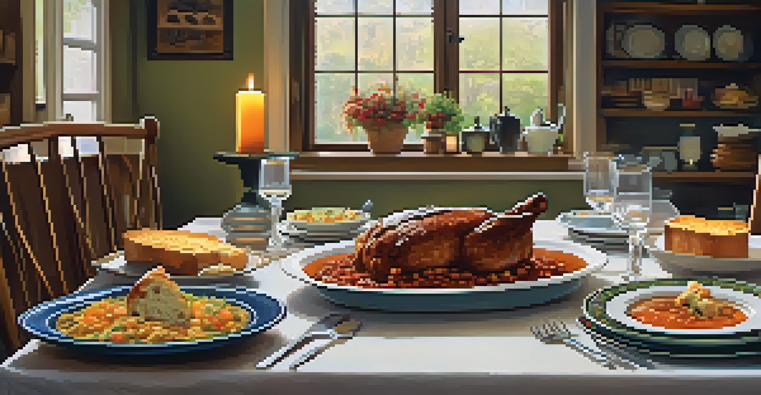 A dinner table set for a family meal with various slow-cooked dishes, colorful napkins, and candles, creating a warm ambiance.