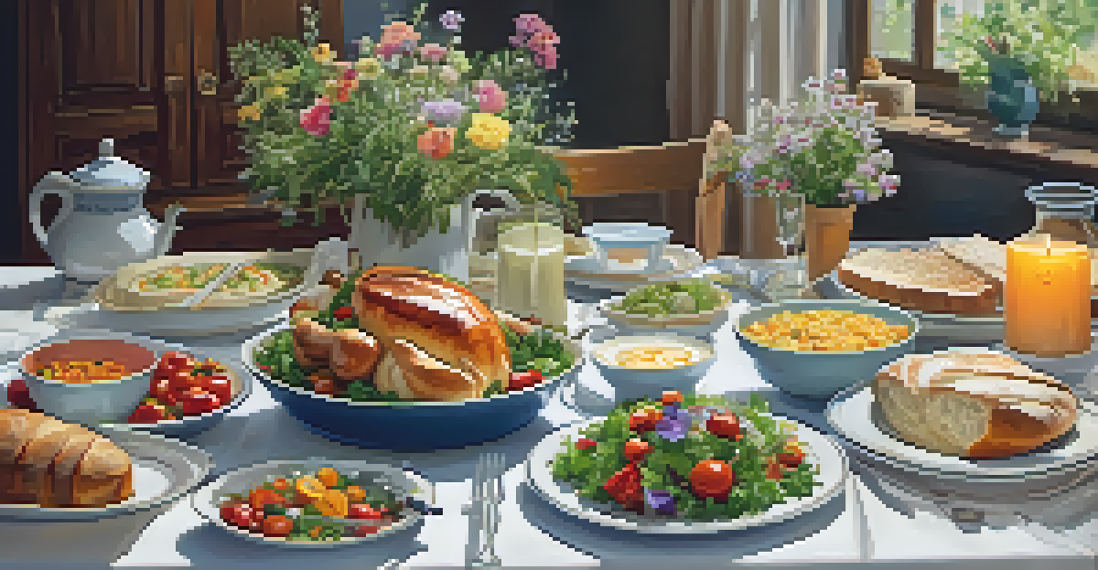 An inviting dining table filled with a variety of home-cooked meals, decorated with flowers and candles.