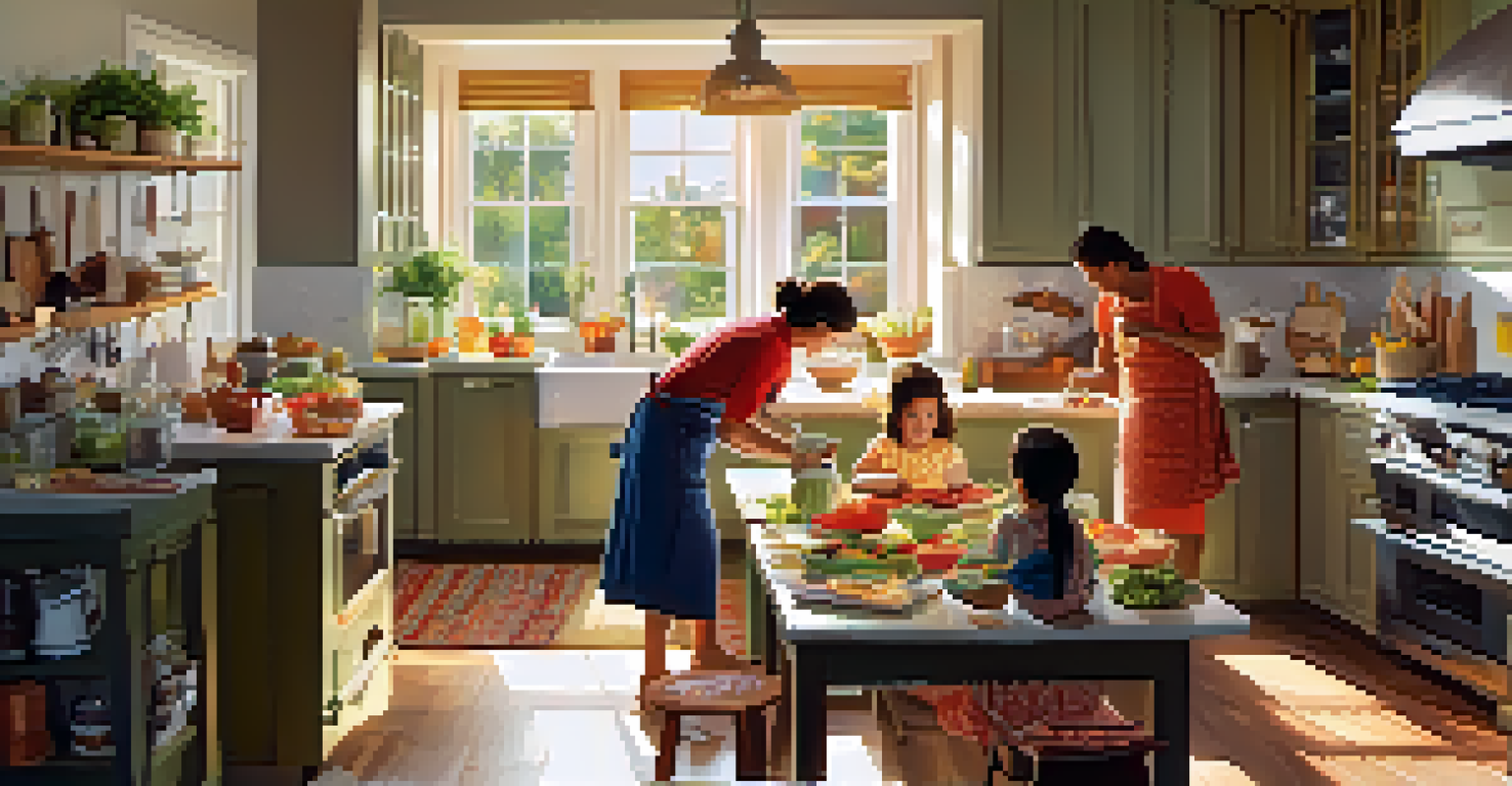 A family cooking together in a bright kitchen, surrounded by colorful ingredients and laughter.