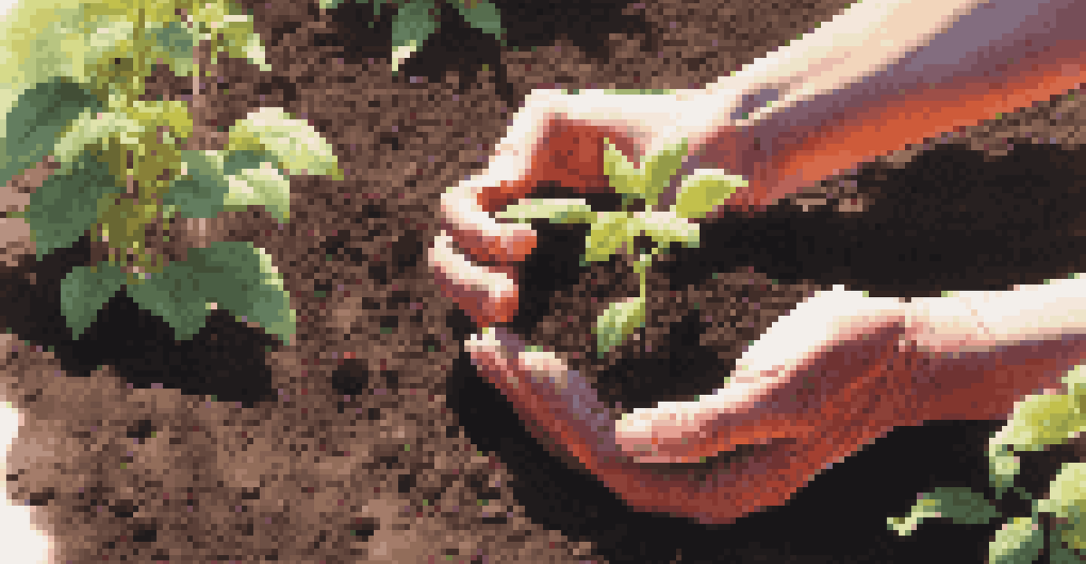 Close-up of hands planting seeds in soil in a community garden, with seedlings and sunlight creating a natural atmosphere.