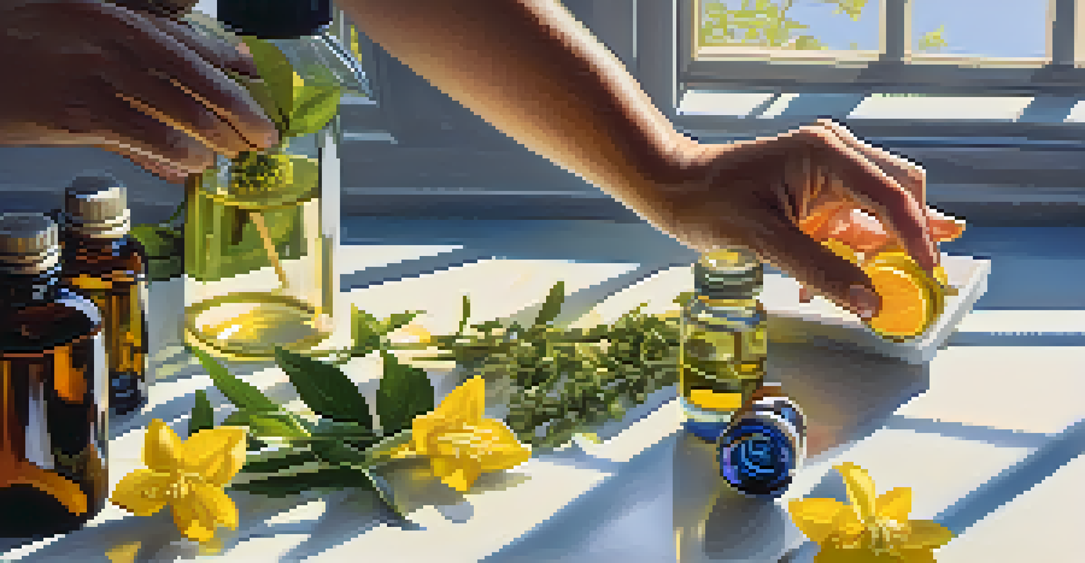 Close-up of hands blending essential oils with fresh bergamot and ylang-ylang flowers in a bright workspace.