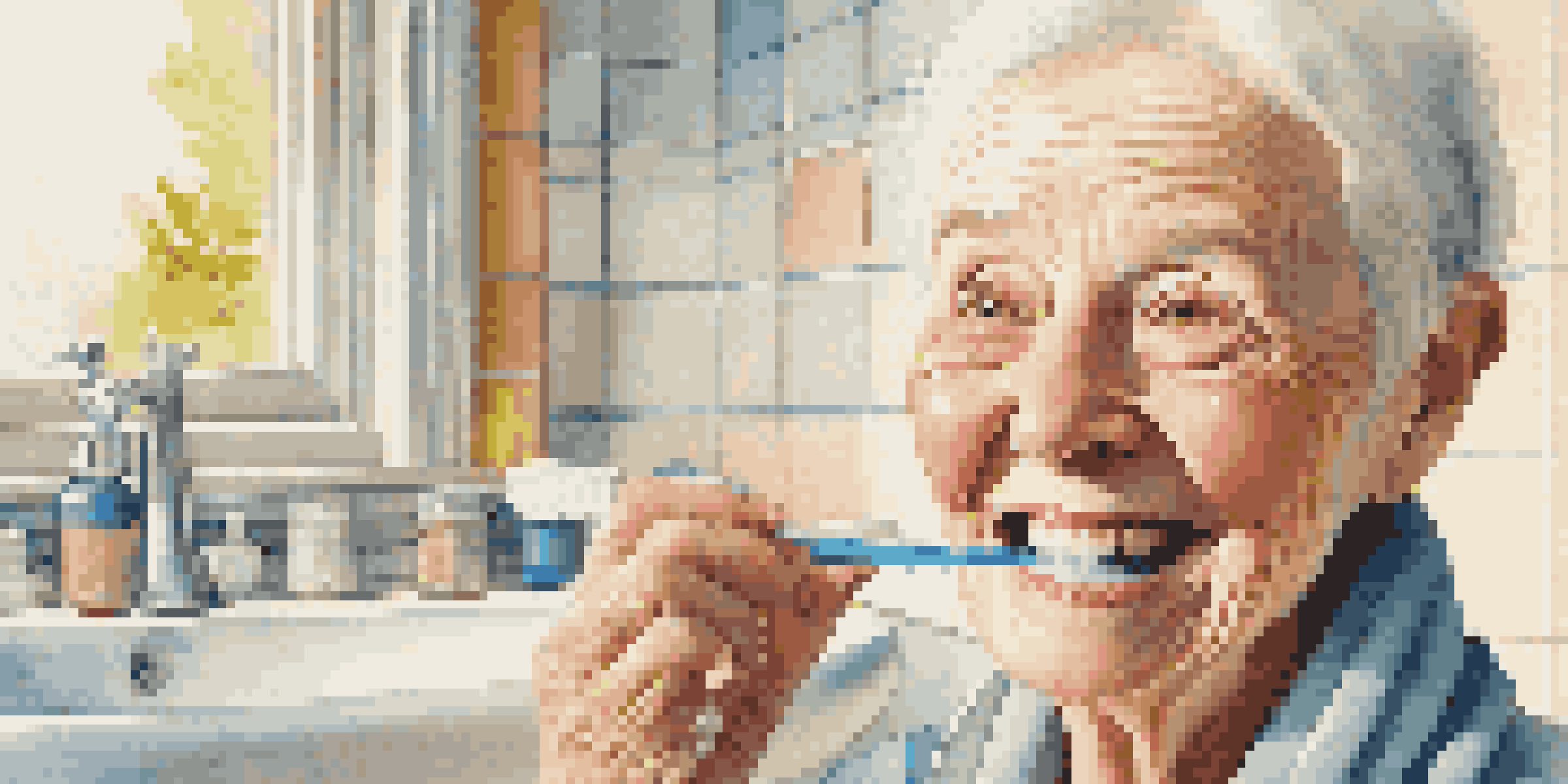 An elderly person brushing their teeth in a brightly lit bathroom, showcasing a colorful toothbrush and a cheerful smile in the mirror.