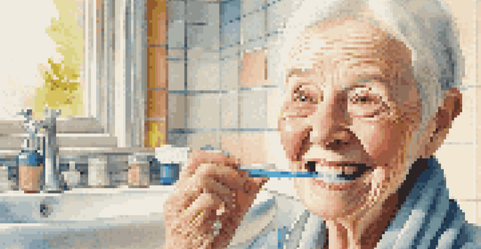 An elderly person brushing their teeth in a brightly lit bathroom, showcasing a colorful toothbrush and a cheerful smile in the mirror.